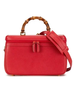 Preloved Leather Vanity Bag with Bamboo Top Handle and Detachable