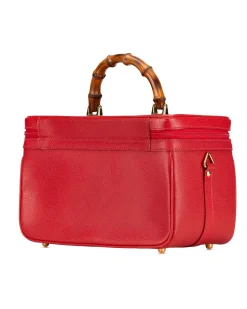 Preloved Leather Vanity Bag with Bamboo Top Handle and Detachable