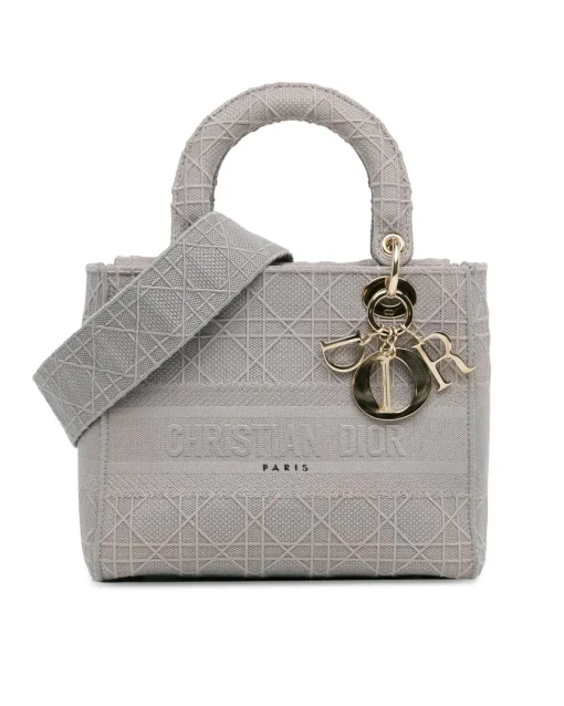 Preloved Medium Cannage Lady D-Lite Canvas Bag with Detachable Strap