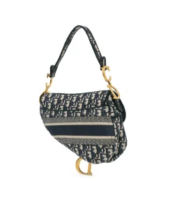 Preloved Medium Embroidered Canvas Saddle Bag with Leather Trim and