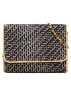 Preloved Oblique Chain Shoulder Bag with Canvas Body and Chain Link