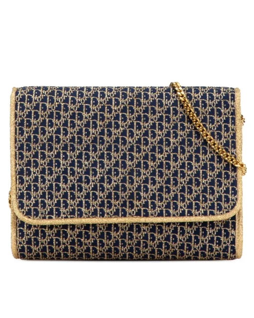 Preloved Oblique Chain Shoulder Bag with Canvas Body and Chain Link