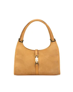 Preloved Suede Shoulder Bag with Leather Trim and Push Lock Closure
