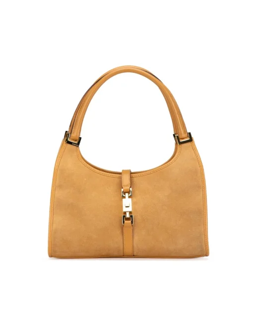 Preloved Suede Shoulder Bag with Leather Trim and Push Lock Closure