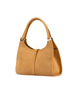 Preloved Suede Shoulder Bag with Leather Trim and Push Lock Closure