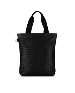Preloved Woven Leather Tote Bag with Flat Handles and Open Top
