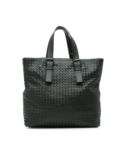 Preloved Woven Leather Tote Bag with Adjustable Handles and Interior
