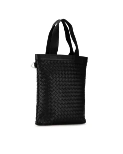 Preloved Woven Leather Tote Bag with Flat Handles and Open Top
