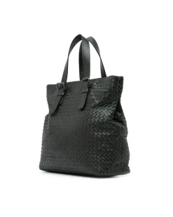 Preloved Woven Leather Tote Bag with Adjustable Handles and Interior