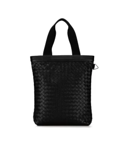 Preloved Woven Leather Tote Bag with Flat Handles and Open Top