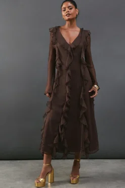 Premium Chiffon Ruffle Tie Cuff Maxi Dress