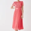 Premium Floral Satin Lace Pleat Skirt Midi Dress