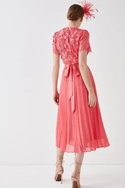 Premium Floral Satin Lace Pleat Skirt Midi Dress