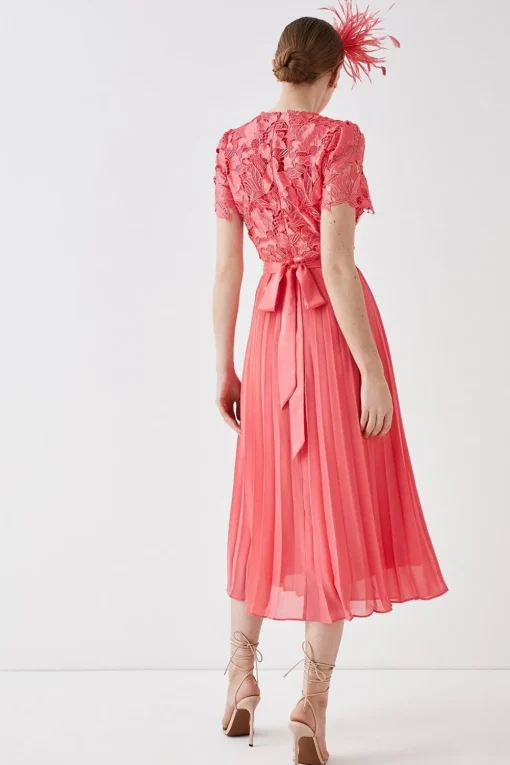 Premium Floral Satin Lace Pleat Skirt Midi Dress