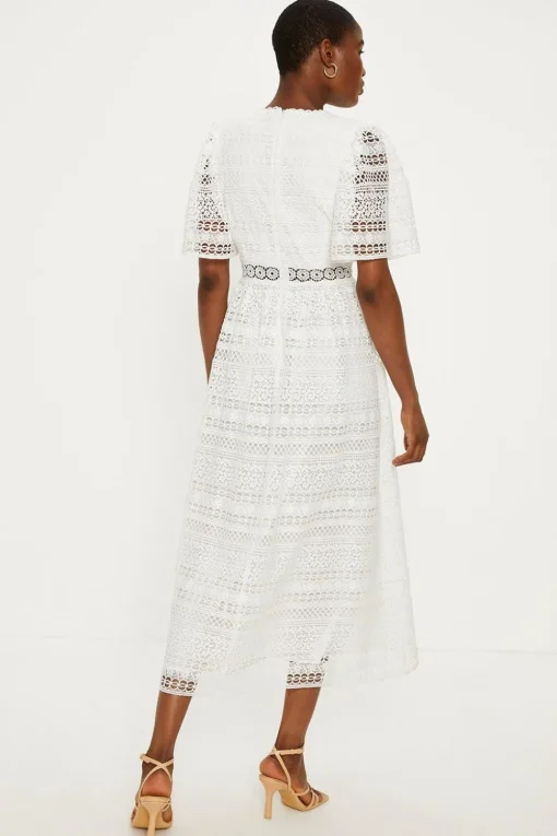 Premium Geo Lace Angel Sleeve V Neck Maxi Dress