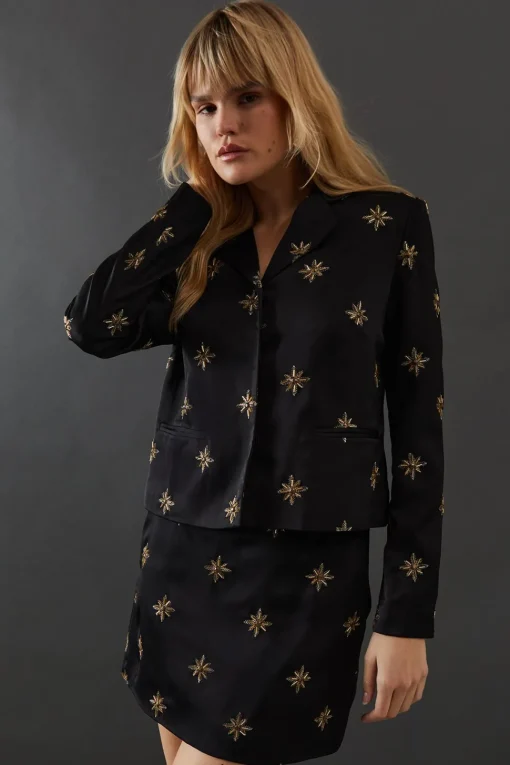 Premium Hand Embroidered Celestial Crop Jacket
