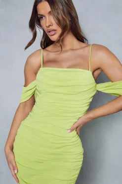Premium Mesh Corseted Off The Shoulder Ruched Midaxi Dress