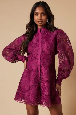 Premium Organza Lace Trim Mini Shirt Dress