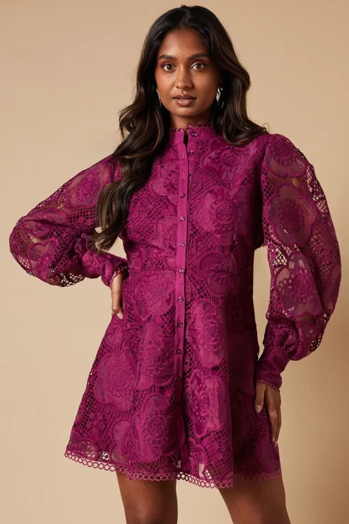 Premium Organza Lace Trim Mini Shirt Dress