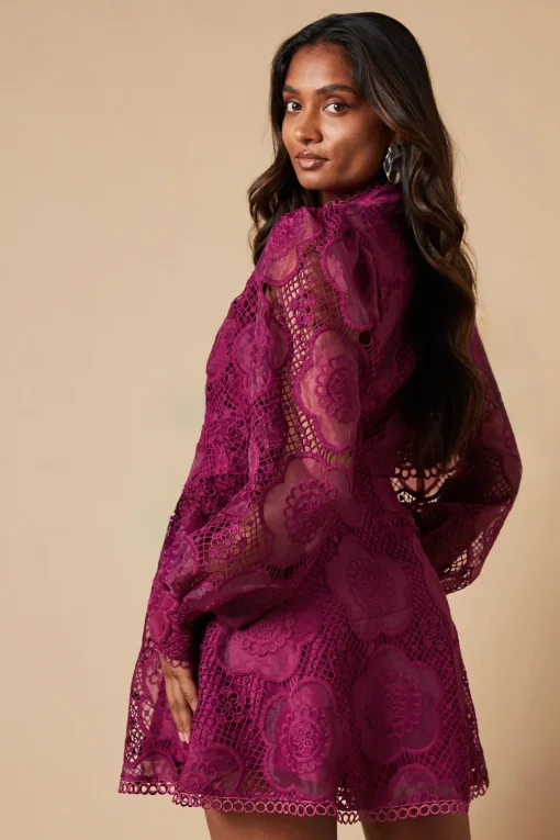 Premium Organza Lace Trim Mini Shirt Dress