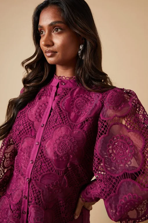 Premium Organza Lace Trim Mini Shirt Dress