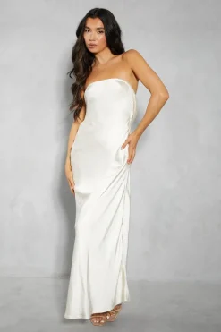 Premium Satin Bandeau Cowl Back Fishtail Maxi Dress
