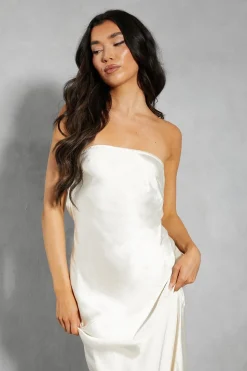 Premium Satin Bandeau Cowl Back Fishtail Maxi Dress