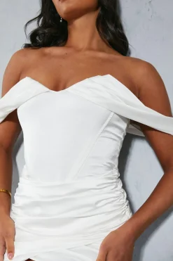Premium Satin Bardot Ruched Skirt Bodycon Mini Dress