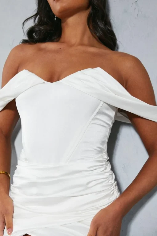 Premium Satin Bardot Ruched Skirt Bodycon Mini Dress