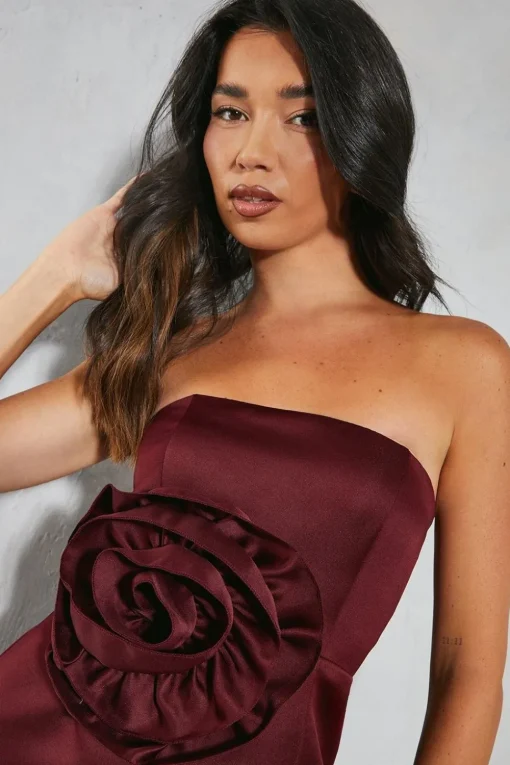 Premium Satin Floral Bandeau Mini Dress