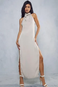 Premium Satin High Neck Draped Maxi Dress