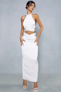 Premium Satin Pleated Cross Front Detail Maxi Skirt