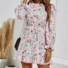 Pretty Pink Red Floral Green Leaf Print Puff Sleeve Mini Dress In White