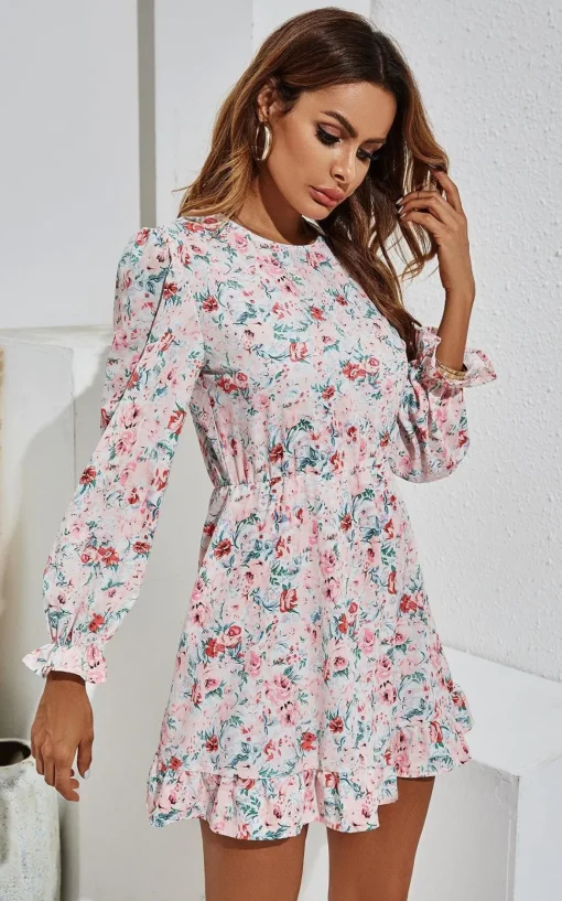 Pretty Pink Red Floral Green Leaf Print Puff Sleeve Mini Dress In White