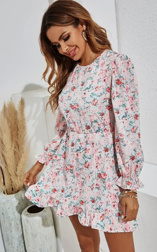 Pretty Pink Red Floral Green Leaf Print Puff Sleeve Mini Dress In White