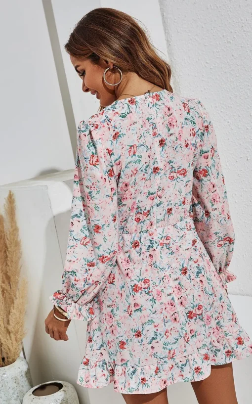 Pretty Pink Red Floral Green Leaf Print Puff Sleeve Mini Dress In White