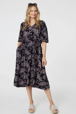 Printed 3/4 Sleeve Shirred Midi Dress