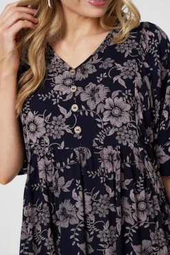 Printed 3/4 Sleeve Shirred Midi Dress