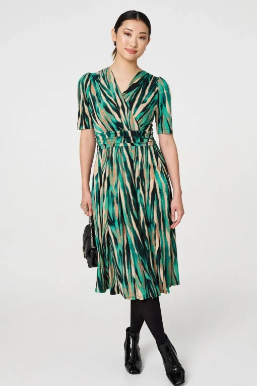 Printed 1/2 Sleeve Wrap Waist Midi Dress