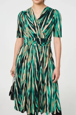 Printed 1/2 Sleeve Wrap Waist Midi Dress