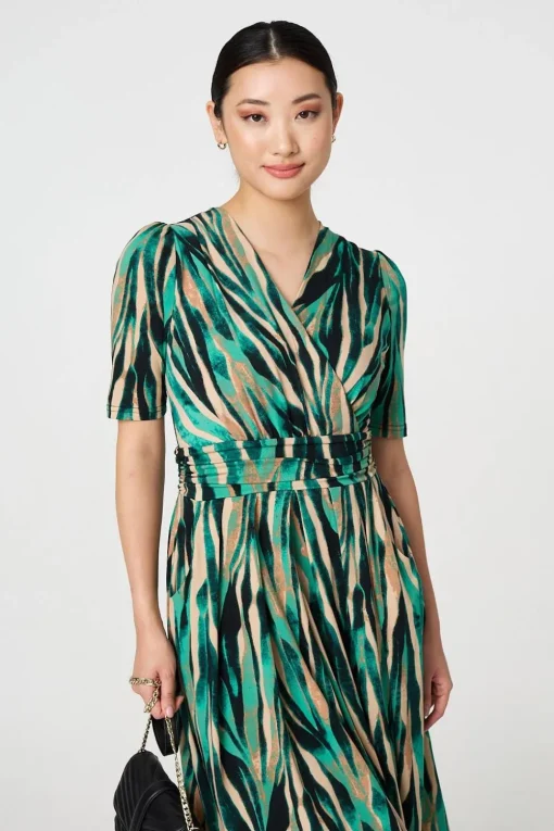 Printed 1/2 Sleeve Wrap Waist Midi Dress