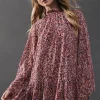 Printed Chiffon Drop Hem High Neck Flare Sleeve Mini Swing Dress