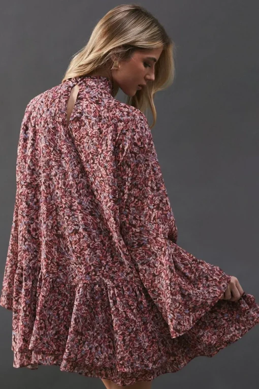 Printed Chiffon Drop Hem High Neck Flare Sleeve Mini Swing Dress