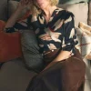 Printed Collarless V-Neck Blouse