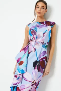 Printed Crepe Midi Dress With Side Ruffle Detail
