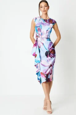 Printed Crepe Midi Dress With Side Ruffle Detail