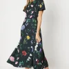 Printed Drape Bodice Midi Dress With Slit