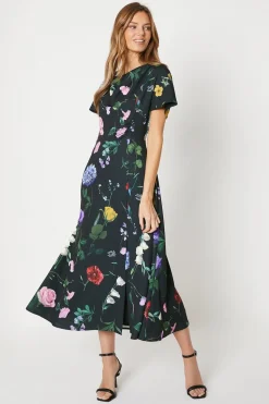 Printed Drape Bodice Midi Dress With Slit
