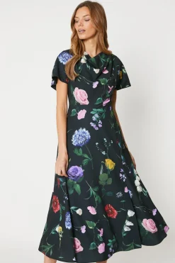 Printed Drape Bodice Midi Dress With Slit