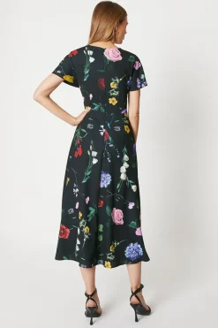 Printed Drape Bodice Midi Dress With Slit